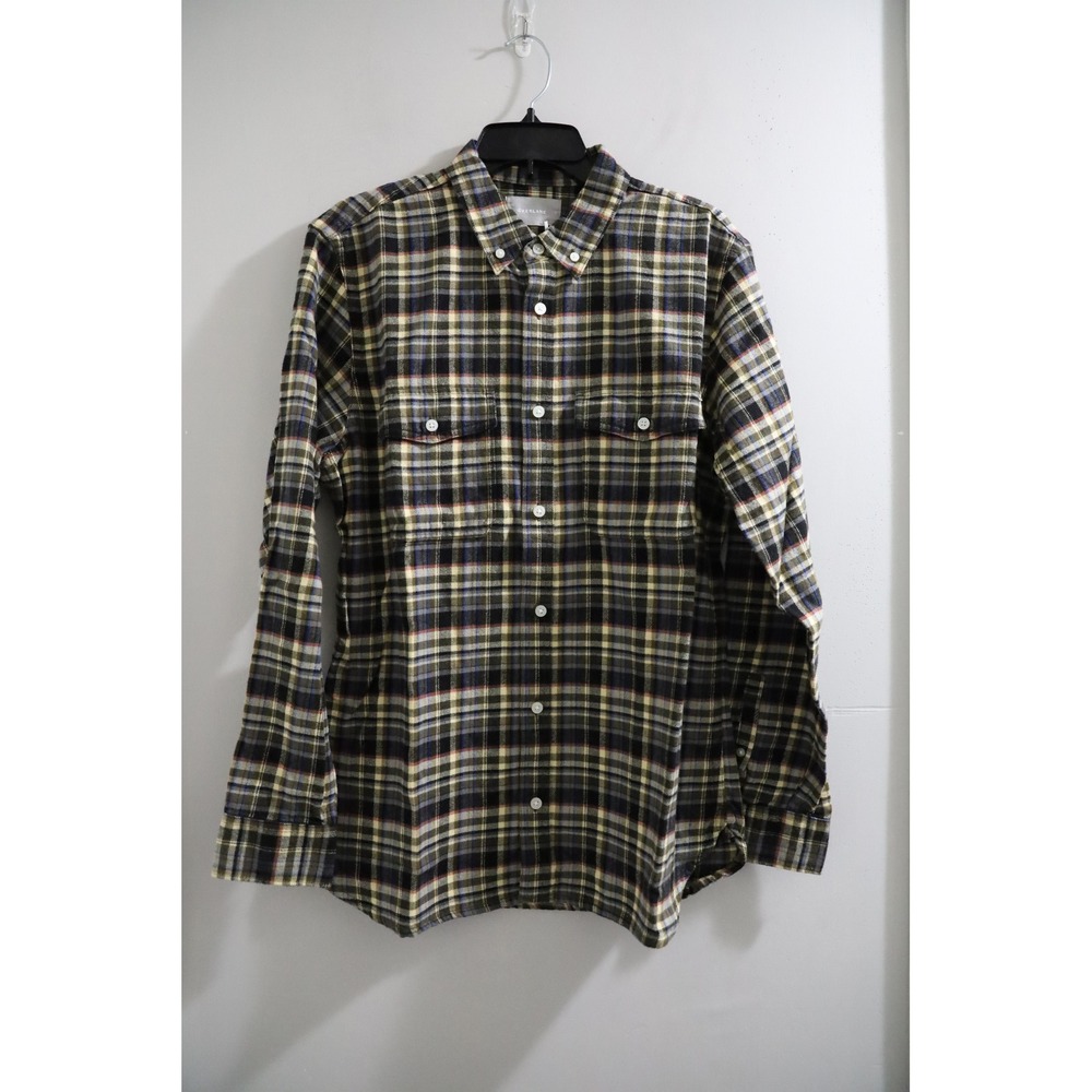 Everlane Mens Heavyweight Flannel Shirt Large Olive Green Blue Plaid NWT L